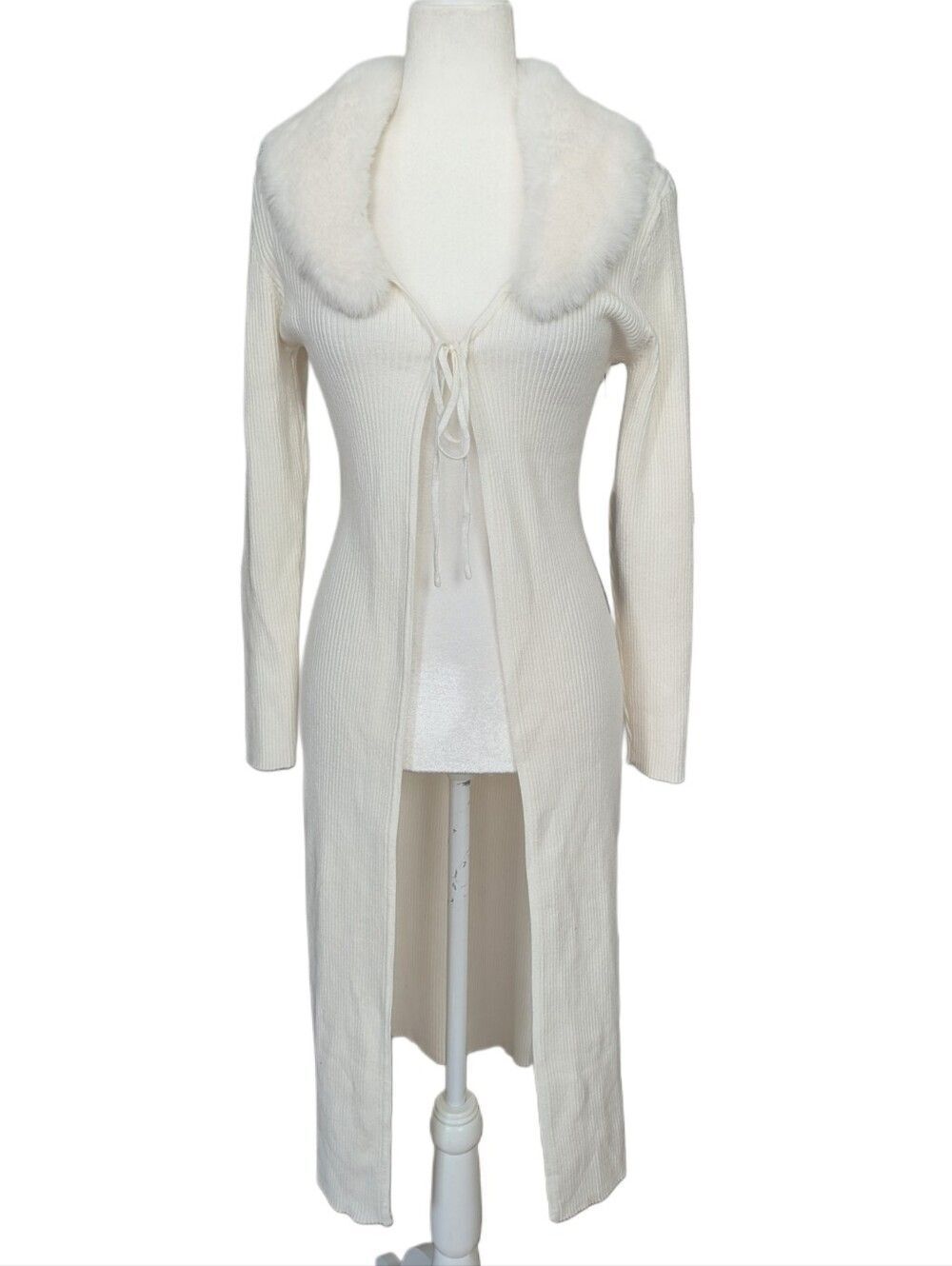 Emerson Lang Womens White Ribbed Faux Fur Long Sweater Cardigan NWT Size Medium